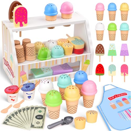 Eisdiele Kinder Holz - Eisladen Kinder Holzspielzeug mit Schürze | Kinderküche Zubehör ab 3 Jahre, Montessori Spielzeug Spielküche Zubehör Rollenspiele für Geschenk 3 4 5 Jahre Mädchen Junge