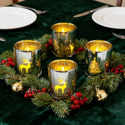 Teelichthalter Weihnachten für Weihnachtstisch Deko, 4er Set Teelichtgläser mit Weihnachtsbaum Rentier Schneeflocke, Kerzenständer für Weihnachtsdeko für Teelicht, Tischdeko, Wohnzimmer Deko