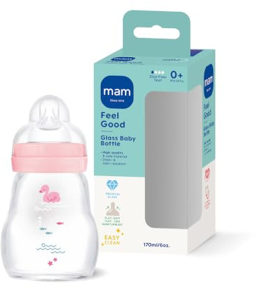 MAM Feel Good Glasflasche 170 ml, 94% Akzeptanz, Sauger Gr. 1, Schwan | Babyflasche aus Premiumglas, hitzebeständig & geschmacksneutral, SkinSoft Sauger fast wie beim Stillen, weite Öffnung