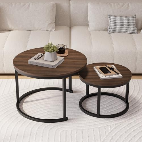 HOJINLINERO Lot de 2 tables basses gigognes rondes, tables d'appoint empilables pour salon, chambre à coucher, bureau, balcon, appartement (noyer)