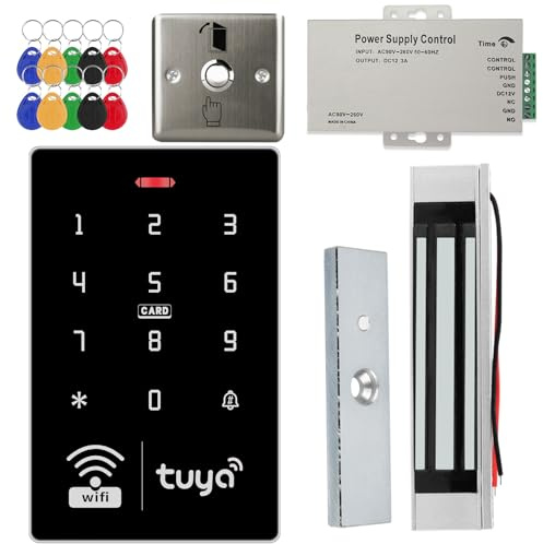 Sistema di controllo accessi + alimentatore 12 V CC + pulsante di apertura porta + serratura elettrica, 10 portachiavi ID (125 kHz), adatto per casa, ufficio, appartamento e hotel