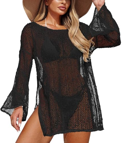 Panegy Frauen Damen Sommer Häkeln Strick Top, Hollow Out Beach Cover-up, Strick Pullover Bikini Sarongs, sehen Sie durch Mesh Bluse Tuch Schwarz M