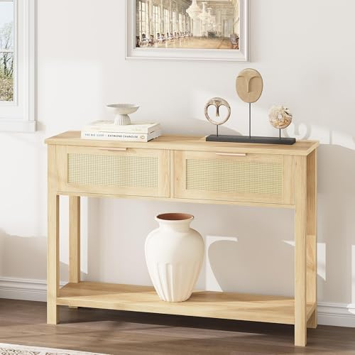 Garvee Table Console à 2 Niveaux, Meuble d’Entrée, Table d'appoint avec 2 Tiroirs en Rotin et Étagère de Rangement, pour Couloir Chambre Salon