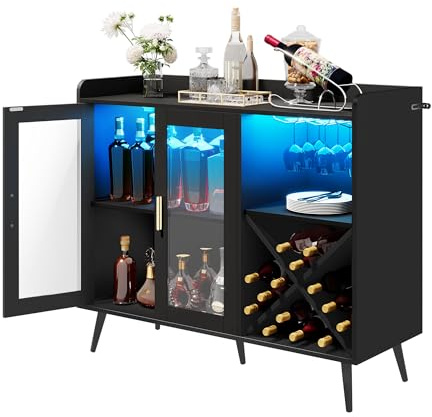 YITAHOME Gabinete de Bar con Luces LED Ajustables, Barra de café con Estante para Vino y Ganchos y Armario de Puerta acrílica, aparador de Buffet de Cocina para el hogar, Bar, Comedor, Sala de Estar