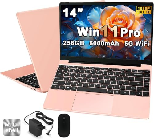 NOTODD 2026 PC Portatile 14 Pollici 256GB 1080P 2.4G+5G Win 11 - Oro rosa | Notebook Computer Supporta La Scheda SSD La Scheda TF Estesa, Wireless Bluetooth Mouse Wifi, Italiana Tastiera