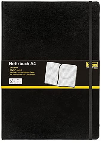 Idena 209280 - Notizbuch DIN A4, kariert, Papier cremefarben, 192 Seiten, 80 g/m², Hardcover in Schwarz