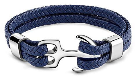 GNOCE Anker Lederarmband für Männer Geflochtenes Echtlederarmband mit Edelstahl Punk Handgelenk Manschette Armband Geschenk für Männer (Blau, 19)