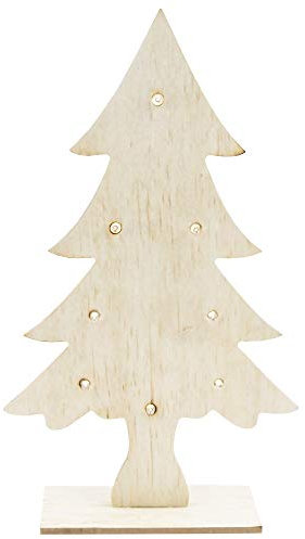 LED-Tanne aus Holz | 27 cm x 16 cm x 0,5 cm | Mit Fuß | 8 LEDs in Warmweiß leuchtend | Batteriebetrieben