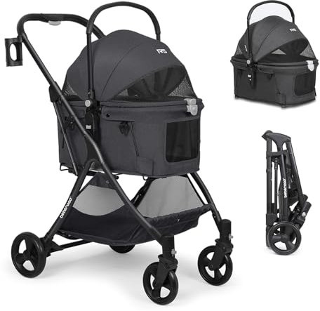 Beberoad Haustier-Kinderwagen für Hunde, Katzen, abnehmbarer Kinderwagen, Kinderwagen, Buggy, Transportwagen – leichte Reisetasche für kleine, mittelgroße und große Haustiere, 4 Räder (schwarz)