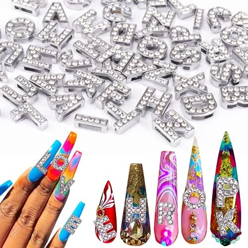 AIERSA Large Letter Nail Charms,Silver Nail Charms Goth, 3D Initial Rhinestones Nail Art Charms,52 Pcs Bling Alphabet Stickers for Nail Art Decoration Accessories, Alloy, 12 mm Tall