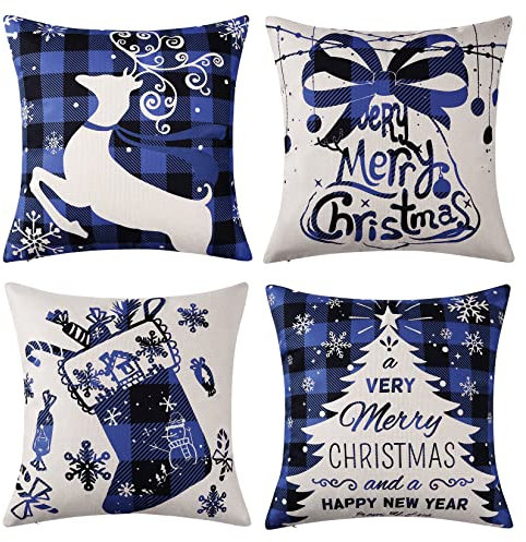 CAROMIO Kissenbezug Weihnachten Weihnachtsdekoration Hirsch Weihnachtskissenbezug 4 Stück Kissenbezüge Frohe Weihnachten Weihnachten Kissenhülle für Sofa Deko Weihnachten 45 x 45 cm Blau