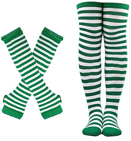 SUNTRADE Damen Mädchen Cosplay Gestreifte Kniestrümpfe Beinwärmer Fingerlose Handschuhe Set (Grün-Weiß)