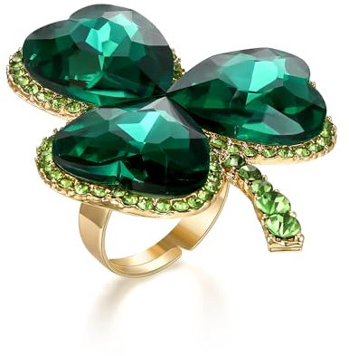 EVER FAITH St. Patrick's Day Kleeblatt Statement Ring Funkelnde Herzform Kristall grün baumelnden Glücksklee verstellbaren Schmuck Geschenk für Damen Mädchen Gold-Ton