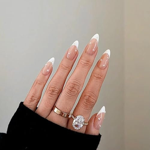 MrCuvaryas French Press On Nails Kurz Nagelsticker Französischer Nägel Zum Aufkleben, Elegantes Design Nail Art, Glossy Kunstnägel Selbstklebende Nail tips (White Pearl)