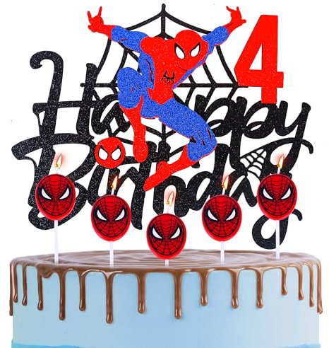 Spider-man 4th Birthday Cake Topper with Candle Red Spider Candles Cake Decorations for Boys,Happy 4th Spider Theme Party Candles Cake Cupcake Topper for Boys Girls 4th Birthday Decor