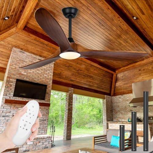 XSGDMN Deckenventilator mit Beleuchtung, 152 cm Walnuss Deckenventilator mit Lichtern und Fernbedienung, leise DC-Motor-Deckenlampe mit umkehrbarem Ventilator-5 Farben-für Veranda im Außenbereich