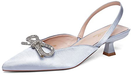 GENSHUO Slingback-Pumps mit Strasssteinen und Schleife für Damen, geschlossener spitzer Zehenbereich, Hochzeits- und Brautschuhe, Silber, 39 EU