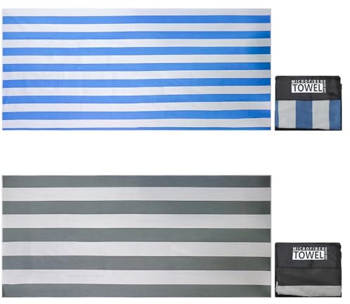 Vorvowry Toalla Playa Grande Microfibra Hombre Mujer Ligera Secado RáPido Libre de Arena para Viajes Natación Deportes con Bolsa de Malla de 80×180cm Rayas Grise + Rayas Azul 2 Piezas