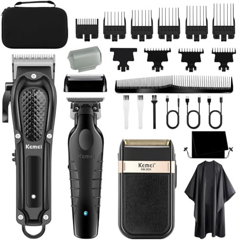 KEMEI Professionelle Haarschneidemaschine für Männer, Schnurloser Kompletter Barber Clipper T-Blade Trimmer Folienrasierer Set, Elektrisches Haarschneider Full Kit mit 9 Führungskämmen