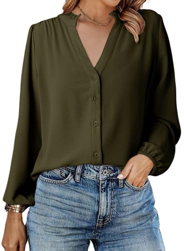 Dokotoo Women's Blouses Shirts Casual Button Down Long Sleeve Tops for Women Lightweight Womens T-Shirts V Neck Loose Fit Ladies Blouse Solid Dressy Business Work Tunic Top S-XXL