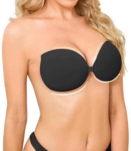 OMGREAT Stick on Bra - Sticky Bra Adhesive Push Up Bra for Women, Backless Strapless Reusable Invisible Bra for Backless Dresses, Wedding, Party, Enhance Cleavage Lift Black E