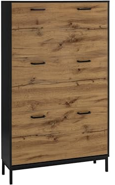 Rocco Schuhschrank Eicheoptik/Schwarz, 80 x 25 x 140 cm, Schuhkommode mit 3 Klappen, platzsparender Schuhkipper aus FSC-zertifiziertem Holzwerkstoff für Flur und Diele