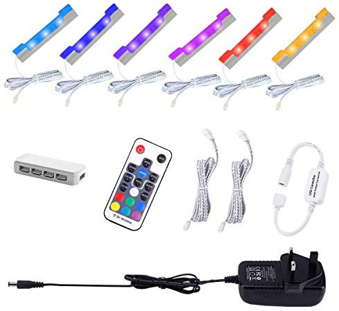 AIBOO LED RGB Under Glass Shelf Cabinet Lighting Kit with RF Remote Control, Dimmable Long Clip on Glass Display Shelf Lights, Ultra Slim LED Strips lghts for Kitchen Counter and Cupboard.(6 Pack)