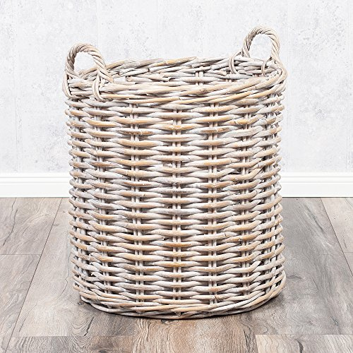 LEBENSwohnART BAKUL Pflanzkorb, Aufbewahrungskorb aus Rattan Ø50cm, Weiß | Robustes Flechtwerk mit zwei Griffen und entfernbarer Kunststoffeinlage, dekorativ für Pflanzen oder zum stilvollen Verstauen