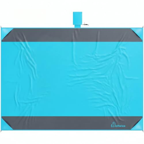 Wolfwise Große Stranddecke 200 x 205 cm, Sanddicht & Wasserdicht, Ultraleichte Sandfrei für 4 Personen mit 4 Sandsäcken & 4 Heringen, Tragbare Picknick & Campingdecke für Strand, Park & Reisen, Blau