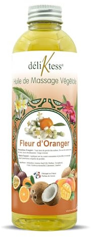 déliktess® - Huile de massage végétale - 19 parfums au choix- 200ml ou 1 litre - Naturelle et fabriquée en France - pour modelage professionnel (Fleur d'Oranger)