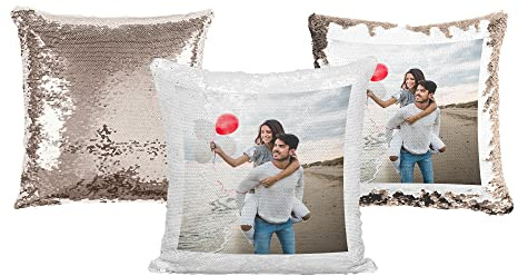 Print Maniacs Personalised Sequin Cushion Cover Magic Reveal Photo Printed Gift Custom Pillow (ROSE GOLD, WITH PILLOW)
