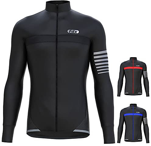 Fdx Men’s All Day Cycling Jersey, Thermal, Water Resistant, Super Roubaix Fabric, Lightweight Winter Cycle Top, Long Sleeve Bicycle Riding Shirt with 3 Pockets, Running Sports Clothing (Black XL)