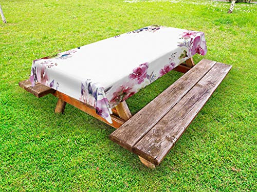ABAKUHAUS Braut Outdoor-Tischdecke, Romantische Blüten-Blumen, dekorative waschbare Picknick-Tischdecke, 145 x 265 cm, Fuchsien-Grün-Blau