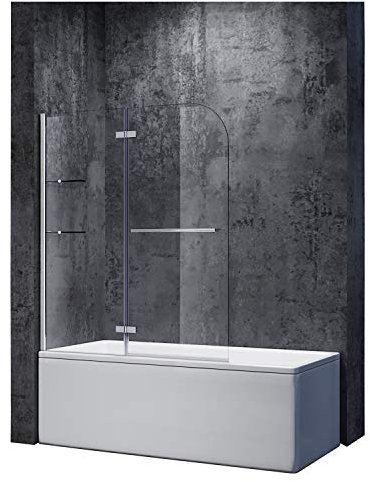 Paroi de douche SONNI - 120 x 140 cm - Pour baignoire avec étagère d'angle - 6 mm - En verre transparent Nano