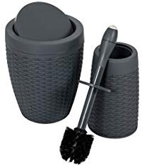 Addis Faux Rattan Dual Bathroom Round Swing Bin and Injection Toilet Brush Set, Dark, Charcoal Grey, Single