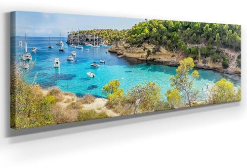 Panorama Leinwand, Bucht mit Booten, Mallorca - als 150x50cm großes XXL Leinwandbild. Wandbild als Hintergrund und Deko für Wohnzimmer & Schlafzimmer. Aufgespannt auf 2cm Holzrahmen