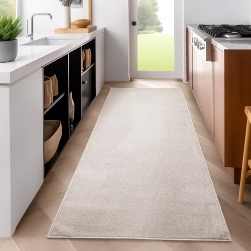 SIMPEX Läufer Teppich 80x150 cm Creme, Kurzflor, Einfarbig, Modern, Rechteckig, rutschfest, Pflegeleicht, Flurteppich für Küche, Diele, Wohnbereich