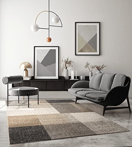 the carpet Pearl Moderner Dichter Kurzflor Wohnzimmer Schlafzimmer Teppich, Konturenschnitt, Geometrische Muster, Kariert, Beige, 140 x 200 cm