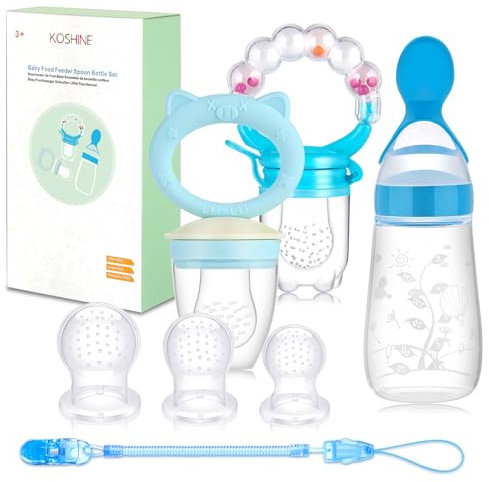 Baby Food Feeder Set Infant Fruit Feeding Rattle Pacifier Silicone Bottle Squeeze Spoon (Blue (Update Version))