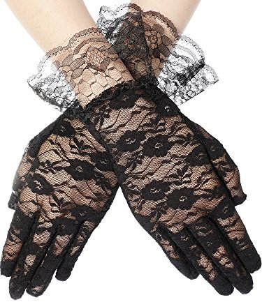 Geyoga Spitze Abendhandschuh Damen Elegante Courtesy Blumen Kurze Spitze Handschuhe für Hochzeit 1980er Kostüm (Schwarz)