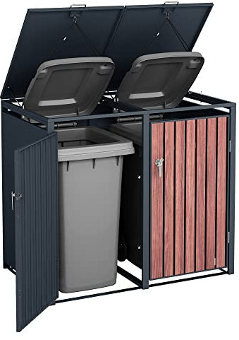 DWD Garden Double Wheelie Bin Hideaway 120L,240L Waste Bin,Storage Shed w/Locking Doors Assisted lift up Lid easy use Outdoor Hygienic Dustbin Unit Cover Powdercoated Steel Matt Grey Oak Slat Doors