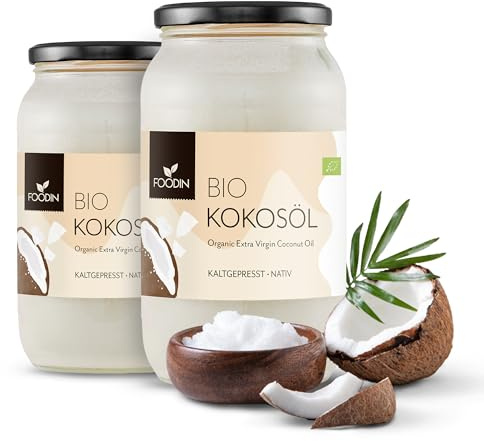 FOODIN Kokosöl, Premium Nativ & Natürlich, kaltgepresst, Bio-Kokosöl, Bio-Kokosfett, am besten für Haut und Haare, Rohkostqualität - ideal zum Braten und Kochen (2 x 1000 ml)
