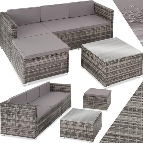 TecTake® Ensemble Salon de Jardin Exterieur en Poly Rotin Modulable Canapé 4 Places 3 Fauteuil Salon 1 Tabouret Pouf et 1 Table de Jardin, Mobilier de Jardin pour Amenagement Balcon Terrasse
