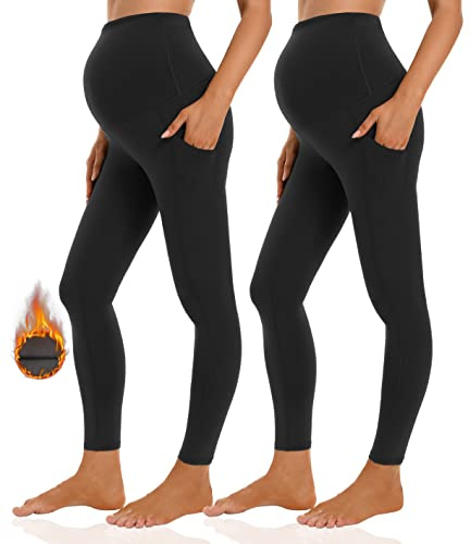 Foucome Legging de maternité doublé en polaire avec poches sur le ventre pour femme - Pantalon de yoga chaud pour l'hiver