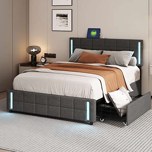 Kehun Polsterbett Doppelbett 140x200 mit 4-LED und 2-USB-Kopfteil, Stauraumbett mit 4 Stauraum Schubladen und Lattenrost, Modern Bett für Schlafräume und Gästezimmer, Leinen, Grau, Ohne Matratze