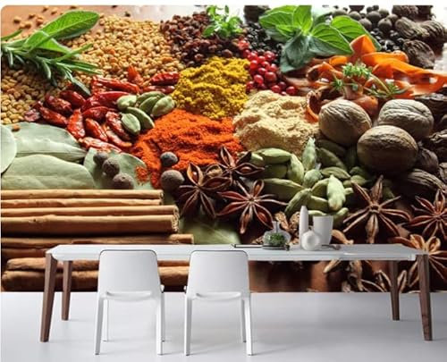 ACASI Papier peint 3D plusieurs épices - Papier peint 3D pour salle à manger, cuisine, décoration d'intérieur, restaurant, bar, 3D, 350 x 245 cm