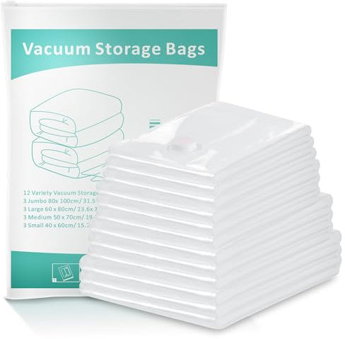 12 Stück Vakuumbeutel für Kleidung Bettdecken, Jumbo Vakuum-Kompressions-Aufbewahrungsbeutel mit doppeltem Reißverschluss für Kleidung/Bettdecken transparent(80 * 100, 60 * 80, 50 * 70, 40 * 60)
