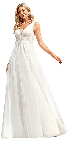 Ever-Pretty Robe de Mariée Femme Longue Tulle Élégante Col V Profond sans Manches pour Maiage Bohême Ivoire 52