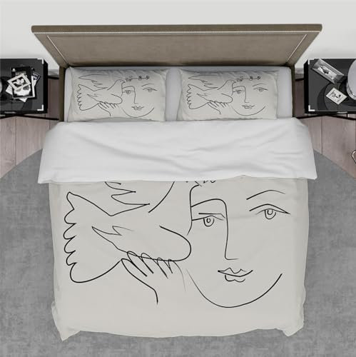 DINGSION Pablo Picasso Style Bettwäsche Set 3 Stück Taube und Olive Abstrakte Linie Damengesicht Schlafzimmer Bettwäsche-Set mit 2 Kissen Shams Reißverschluss 260 x 240 cm