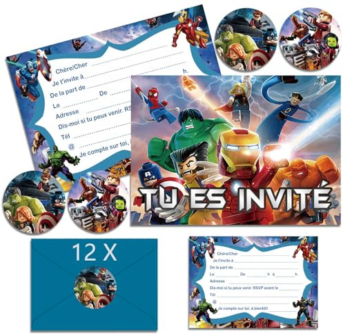 IRONIUM 12x Marve Einladungskarten Kindergeburtstag Junge mit Umschlag Französisch, Geburtstagseinladungen Jungen, Cartoon Einladungskarten Geburtstag Set für Themed Party (A6)